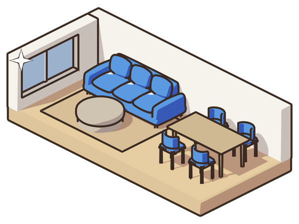 A cozy living and dining room drawn in RoomPop: a blue sofa on a rug and a table for four